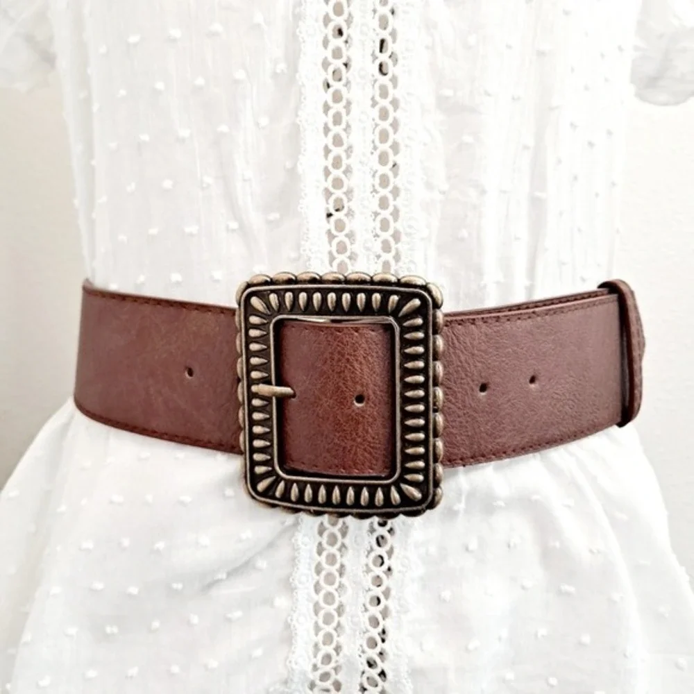 Wide Brown Western Faux Leather waist Belt OS Boho Chunky Buckle Statement